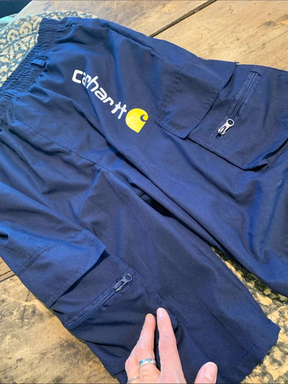 Carhartt Teens/ Men’s Navy Cargo Shorts with Yellow Logo - Picture 6 of 11